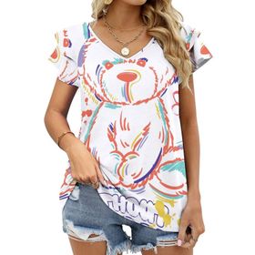 AILLOSA TH-400 V Yakalı Fırfırlı Baskılı Kısa Kollu Kadın T-shirt
