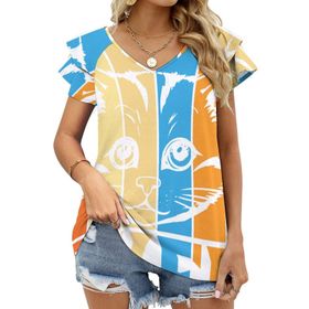 AILLOSA TH-404 V Yakalı Fırfırlı Baskılı Kısa Kollu Kadın T-shirt