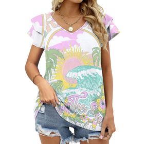 AILLOSA TH-406 V Yakalı Fırfırlı Baskılı Kısa Kollu Kadın T-shirt