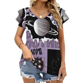 AILLOSA TH-41 V Yakalı Fırfırlı Baskılı Kısa Kollu Kadın T-shirt