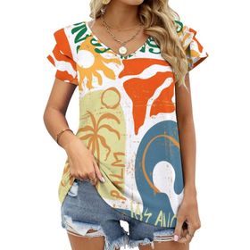 AILLOSA TH-411 V Yakalı Fırfırlı Baskılı Kısa Kollu Kadın T-shirt