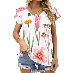 AILLOSA TH-420 V Yakalı Fırfırlı Baskılı Kısa Kollu Kadın T-shirt