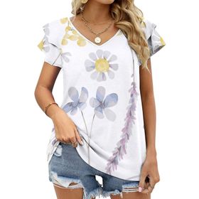 AILLOSA TH-422 V Yakalı Fırfırlı Baskılı Kısa Kollu Kadın T-shirt