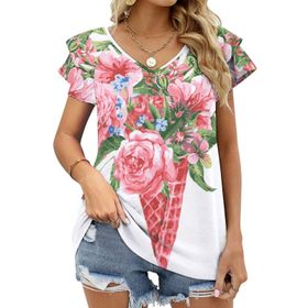 AILLOSA TH-423 V Yakalı Fırfırlı Baskılı Kısa Kollu Kadın T-shirt