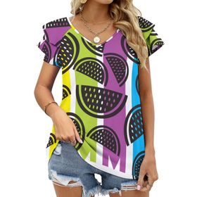 AILLOSA TH-427 V Yakalı Fırfırlı Baskılı Kısa Kollu Kadın T-shirt
