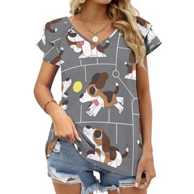 AILLOSA TH-428 V Yakalı Fırfırlı Baskılı Kısa Kollu Kadın T-shirt