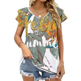 AILLOSA TH-430 V Yakalı Fırfırlı Baskılı Kısa Kollu Kadın T-shirt