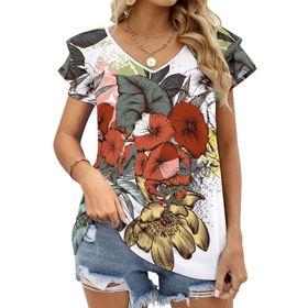 AILLOSA TH-431 V Yakalı Fırfırlı Baskılı Kısa Kollu Kadın T-shirt
