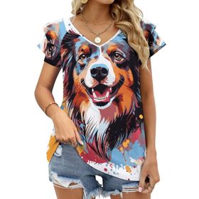 AILLOSA TH-432 V Yakalı Fırfırlı Baskılı Kısa Kollu Kadın T-shirt