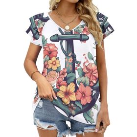 AILLOSA TH-433 V Yakalı Fırfırlı Baskılı Kısa Kollu Kadın T-shirt