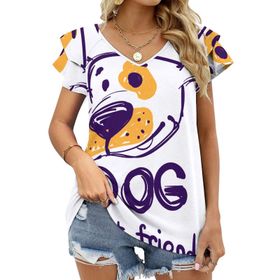 AILLOSA TH-438 V Yakalı Fırfırlı Baskılı Kısa Kollu Kadın T-shirt