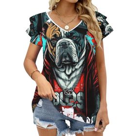 AILLOSA TH-439 V Yakalı Fırfırlı Baskılı Kısa Kollu Kadın T-shirt