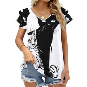 AILLOSA TH-440 V Yakalı Fırfırlı Baskılı Kısa Kollu Kadın T-shirt