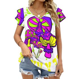 AILLOSA TH-441 V Yakalı Fırfırlı Baskılı Kısa Kollu Kadın T-shirt