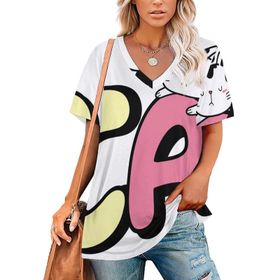 AILLOSA TH-442 Tamamı Baskılı Kısa Kollu V Yakalı Kadın T-shirt