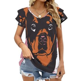 AILLOSA TH-445 V Yakalı Fırfırlı Baskılı Kısa Kollu Kadın T-shirt