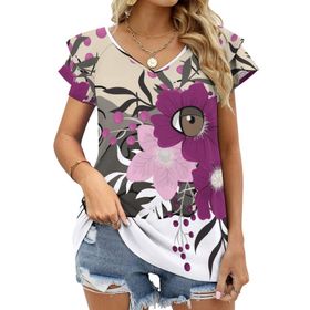 AILLOSA TH-446 V Yakalı Fırfırlı Baskılı Kısa Kollu Kadın T-shirt
