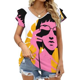 AILLOSA TH-452 V Yakalı Fırfırlı Baskılı Kısa Kollu Kadın T-shirt