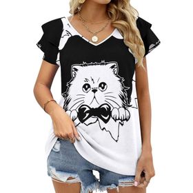 AILLOSA TH-453 V Yakalı Fırfırlı Baskılı Kısa Kollu Kadın T-shirt