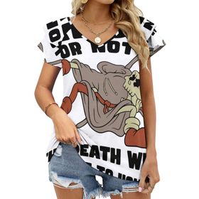 AILLOSA TH-456 V Yakalı Fırfırlı Baskılı Kısa Kollu Kadın T-shirt