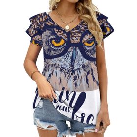 AILLOSA TH-457 V Yakalı Fırfırlı Baskılı Kısa Kollu Kadın T-shirt