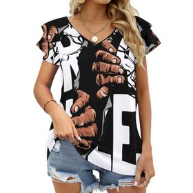 AILLOSA TH-461 V Yakalı Fırfırlı Baskılı Kısa Kollu Kadın T-shirt
