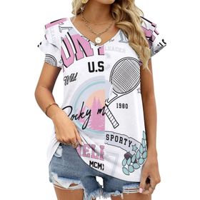AILLOSA TH-462 V Yakalı Fırfırlı Baskılı Kısa Kollu Kadın T-shirt
