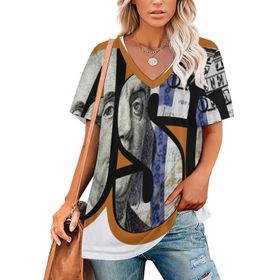 AILLOSA TH-463 Tamamı Baskılı Kısa Kollu V Yakalı Kadın T-shirt