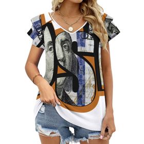 AILLOSA TH-463 V Yakalı Fırfırlı Baskılı Kısa Kollu Kadın T-shirt