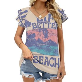 AILLOSA TH-482 V Yakalı Fırfırlı Baskılı Kısa Kollu Kadın T-shirt