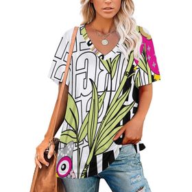 AILLOSA TH-487 Tamamı Baskılı Kısa Kollu V Yakalı Kadın T-shirt
