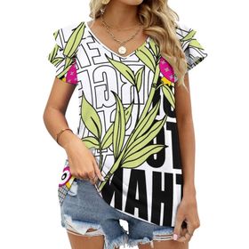 AILLOSA TH-487 V Yakalı Fırfırlı Baskılı Kısa Kollu Kadın T-shirt