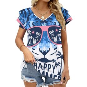 AILLOSA TH-493 V Yakalı Fırfırlı Baskılı Kısa Kollu Kadın T-shirt