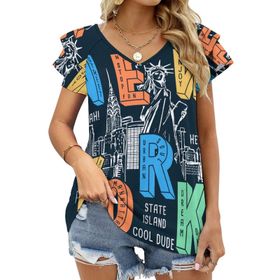 AILLOSA TH-495 V Yakalı Fırfırlı Baskılı Kısa Kollu Kadın T-shirt