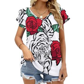 AILLOSA TH-499 V Yakalı Fırfırlı Baskılı Kısa Kollu Kadın T-shirt