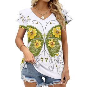 AILLOSA TH-51 V Yakalı Fırfırlı Baskılı Kısa Kollu Kadın T-shirt