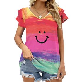 AILLOSA TH-74 V Yakalı Fırfırlı Baskılı Kısa Kollu Kadın T-shirt
