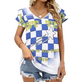 AILLOSA TH-78 V Yakalı Fırfırlı Baskılı Kısa Kollu Kadın T-shirt