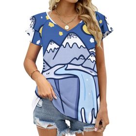 AILLOSA TH-98 V Yakalı Fırfırlı Baskılı Kısa Kollu Kadın T-shirt