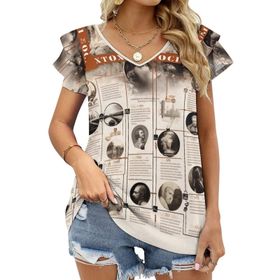 AILLOSA YH-1 V Yakalı Fırfırlı Baskılı Kısa Kollu Kadın T-shirt