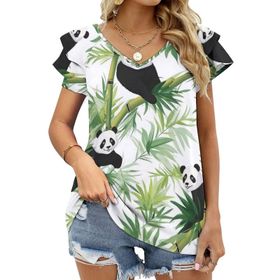 AILLOSA YH-10 V Yakalı Fırfırlı Baskılı Kısa Kollu Kadın T-shirt