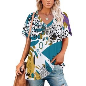 AILLOSA YH-100 Tamamı Baskılı V Yaka Kısa Kollu Kadın T-Shirt