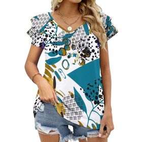 AILLOSA YH-100 V Yakalı Fırfırlı Baskılı Kısa Kollu Kadın T-shirt