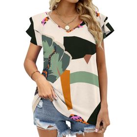 AILLOSA YH-103 V Yakalı Fırfırlı Baskılı Kısa Kollu Kadın T-shirt