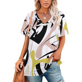 AILLOSA YH-105 Tamamı Baskılı V Yaka Kısa Kollu Kadın T-Shirt