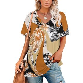 AILLOSA YH-106 Tamamı Baskılı V Yaka Kısa Kollu Kadın T-Shirt