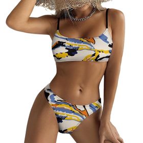 AILLOSA YH-107 Desenli Düz Şerit Mayo Modası Karın Kontrolü Kadın Bikini Seti