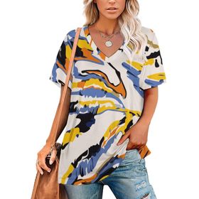 AILLOSA YH-107 Tamamı Baskılı V Yaka Kısa Kollu Kadın T-Shirt