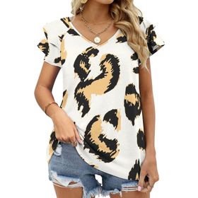 AILLOSA YH-108 V Yakalı Fırfırlı Baskılı Kısa Kollu Kadın T-shirt