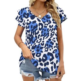 AILLOSA YH-109 V Yakalı Fırfırlı Baskılı Kısa Kollu Kadın T-shirt